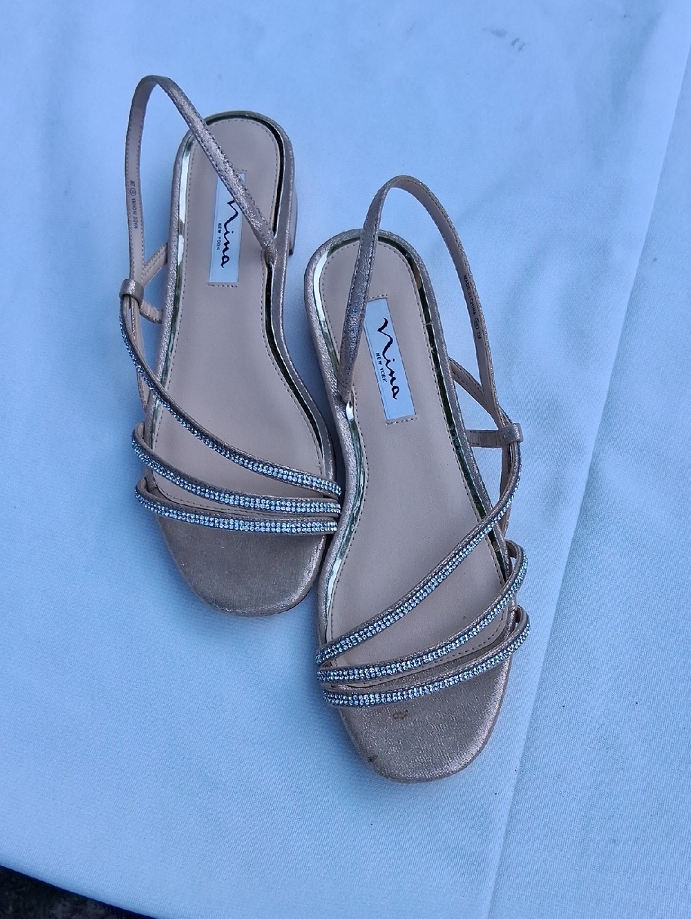 Nina Metallic Rose Gold Crystal-Strap Slingback Sandals